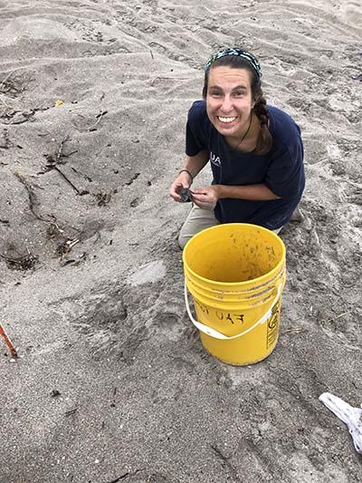 Samantha Trail at a nesting beach in Florida with a baby leatherback sea turtle