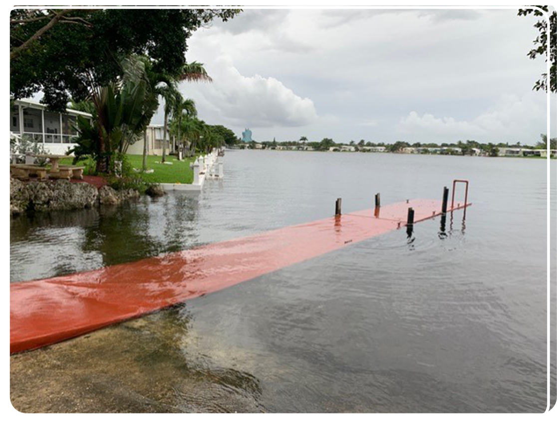 water covering an orange pier